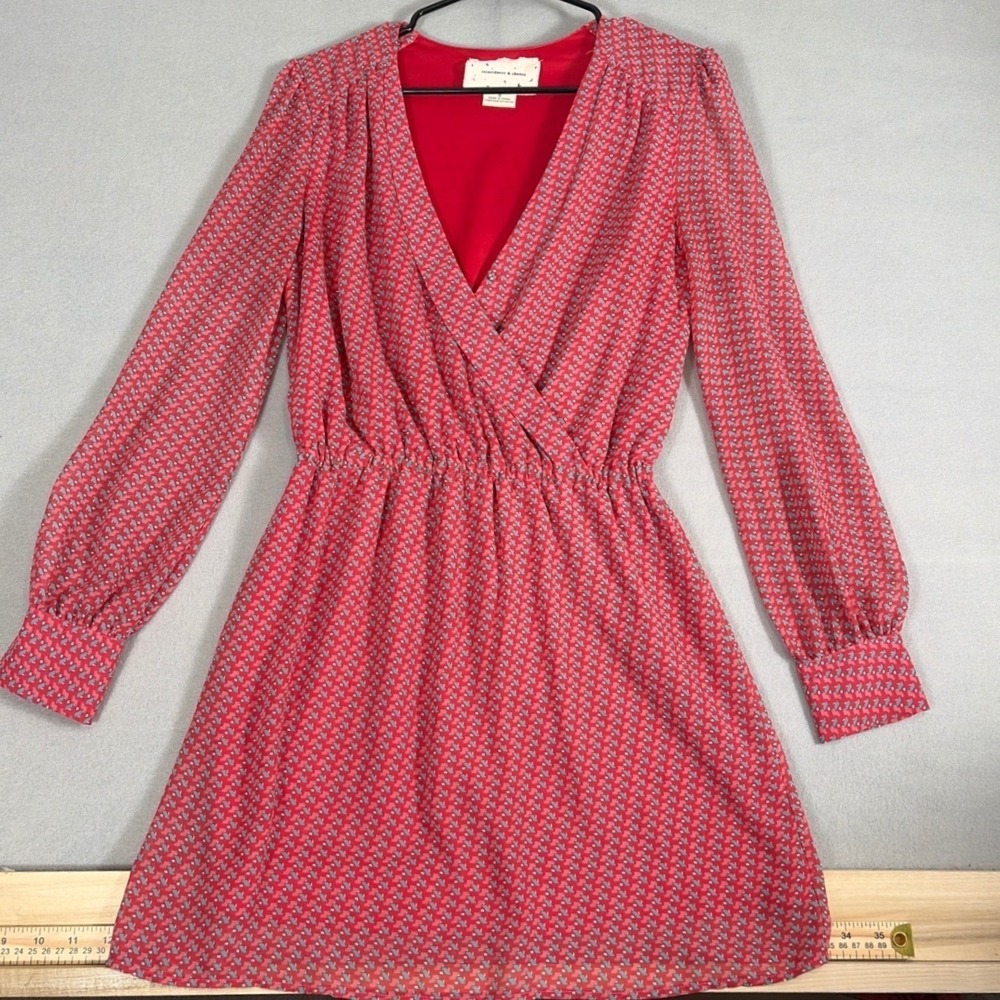 Coincidence & Chance Red Geometric Print Faux Wrap Mini Dress Small Long Sleeve
